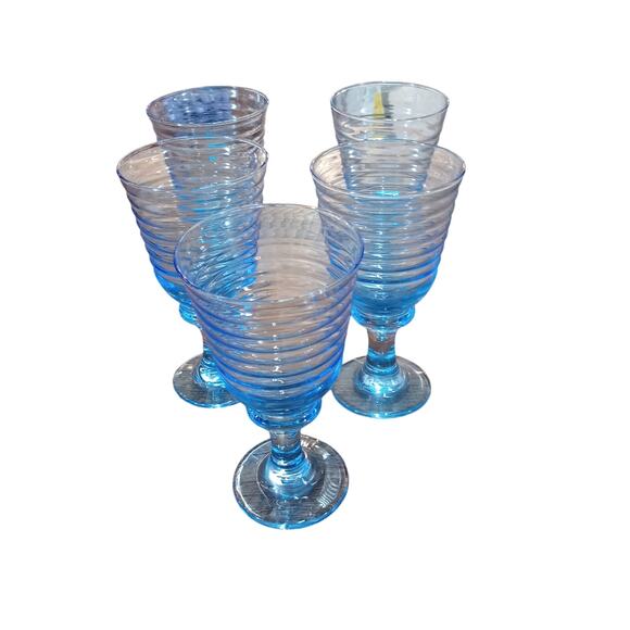 Vintage Libbey Blue Sirrus Harlequin Romance Water Wine Goblets Glasses Set of 5 - Picture 3 of 4